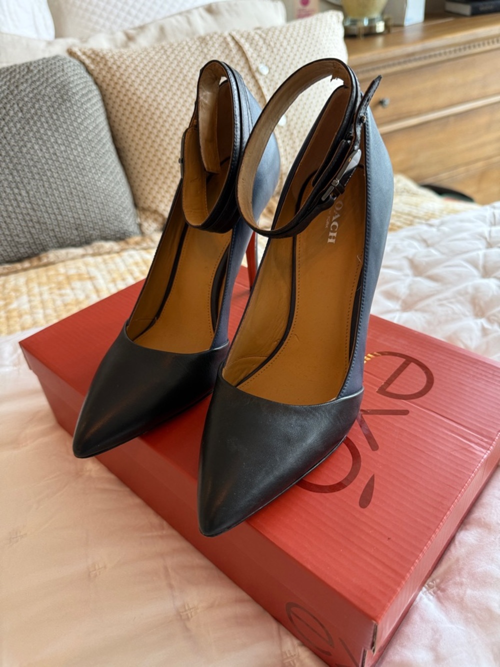 Coach Black Leather Pointed-Toe Ankle-Strap Heels